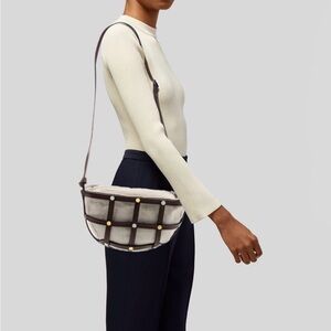STAUD Brown Leather Lattice Crossbody with Beige Canvas Inset